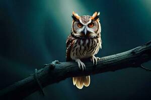 an owl is sitting on a branch with dark background. AI-Generated photo