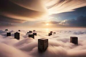 clouds and buildings in the sky above the clouds. AI-Generated photo