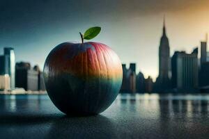 an apple with a rainbow painted on it sits in front of a cityscape. AI-Generated photo