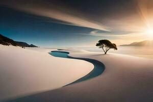 a lone tree stands in the middle of a white sand dune. AI-Generated photo