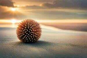 un puntiagudo pelota en el playa a puesta de sol. generado por ai foto