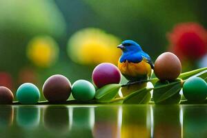 un azul pájaro se sienta en parte superior de vistoso huevos. generado por ai foto