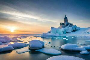 foto fondo de pantalla el cielo, agua, hielo, castillo, atardecer, el sol, el cielo,. generado por ai