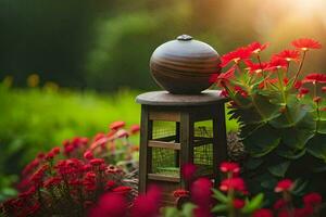 a small lantern sitting on top of a flower garden. AI-Generated photo