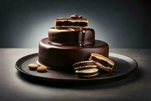 un chocolate pastel con un chocolate relleno y galletas. generado por ai foto