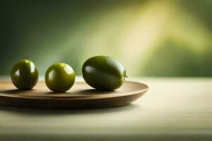 three green olives on a wooden plate. AI-Generated photo