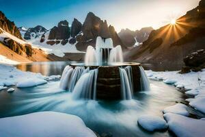the sun rises over a mountain lake with a waterfall. AI-Generated photo