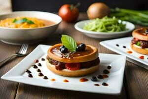 two small plates with food on them. AI-Generated photo
