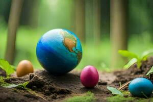 vistoso Pascua de Resurrección huevos en el suelo. generado por ai foto
