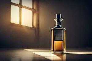 a bottle of whisky sitting on a table in front of a window. AI-Generated photo