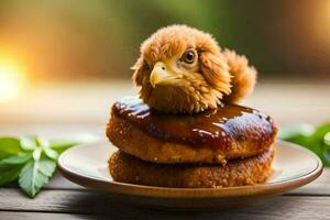 un pollo es sentado en parte superior de un rosquilla. generado por ai foto