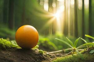an orange egg sits in the middle of a forest. AI-Generated photo