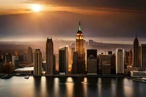 the manhattan skyline at sunset. AI-Generated photo