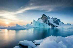 the sun sets over an iceberg in the ocean. AI-Generated photo