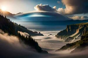 un extraterrestre astronave es volador terminado un montaña con nubes generado por ai foto