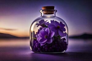 púrpura flores en un vaso botella con un puesta de sol en el antecedentes. generado por ai foto