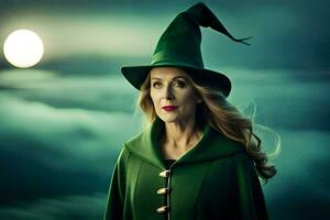 a woman in a green witch hat and cape. AI-Generated photo