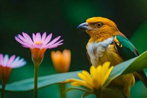 a colorful bird sits on a leaf with flowers. AI-Generated photo