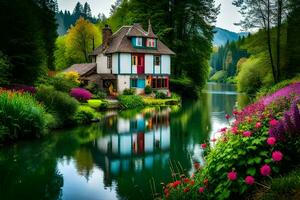 beautiful house on the river in the forest. AI-Generated photo