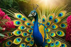 a peacock is standing in front of some flowers. AI-Generated photo