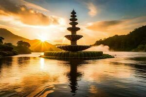 the sun rises over a fountain in the middle of a lake. AI-Generated photo