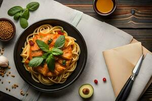 spaghetti with tomato sauce and basil leaves on a wooden table. AI-Generated photo