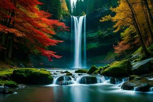 autumn waterfall in the forest with colorful trees. AI-Generated photo