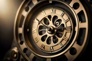 a close up of a gold clock with roman numerals. AI-Generated photo