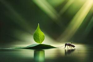 a small insect is standing on a leaf in the water. AI-Generated photo