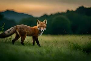 un zorro es en pie en el césped a puesta de sol. generado por ai foto