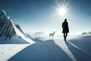 a woman is walking on a snowy mountain with a deer. AI-Generated photo