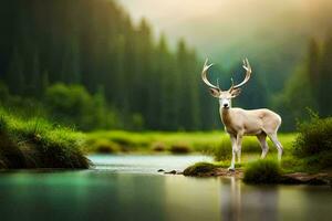 deer standing in the middle of a river with grass and trees. AI-Generated photo