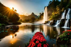 a beautiful waterfall with flowers in the foreground. AI-Generated photo