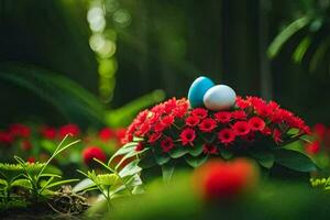 Pascua de Resurrección huevos en el jardín. generado por ai foto