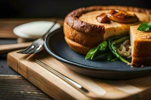 a piece of bread with cheese and asparagus on a plate. AI-Generated photo