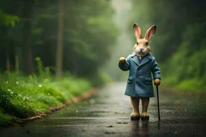 a rabbit in a blue coat and tie holding a cane. AI-Generated photo