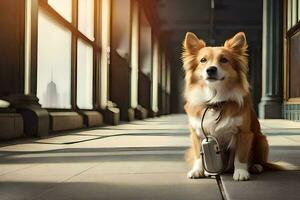 un perro sentado en un piso con un bolsa. generado por ai foto