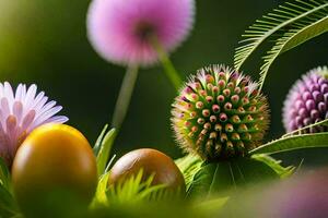 a flower with a green stem and a purple flower. AI-Generated photo