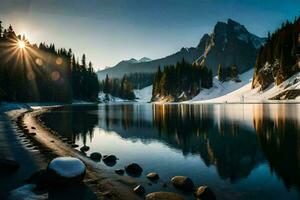 el Dom brilla terminado un montaña lago en el invierno. generado por ai foto