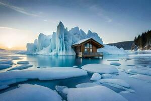 icebergs in the water with a cabin in the middle. AI-Generated photo