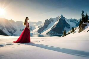 a woman in a red dress stands on a snowy mountain. AI-Generated photo