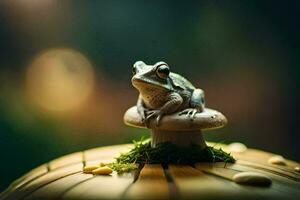 a frog sitting on top of a mushroom. AI-Generated photo