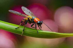 a wasp is sitting on a green blade. AI-Generated photo