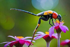 a colorful insect is perched on a flower. AI-Generated photo