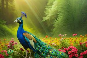 a peacock is standing in a field of flowers. AI-Generated photo