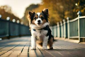 a dog standing on a bridge in the fall. AI-Generated photo