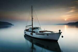 a boat is docked at sunset on a calm lake. AI-Generated photo