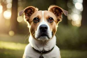 un perro es mirando a el cámara en el bosque. generado por ai foto