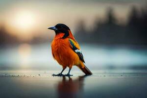 un pájaro es en pie en el agua con el Dom en el antecedentes. generado por ai foto