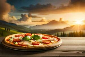 pizza on the table with mountains in the background. AI-Generated photo